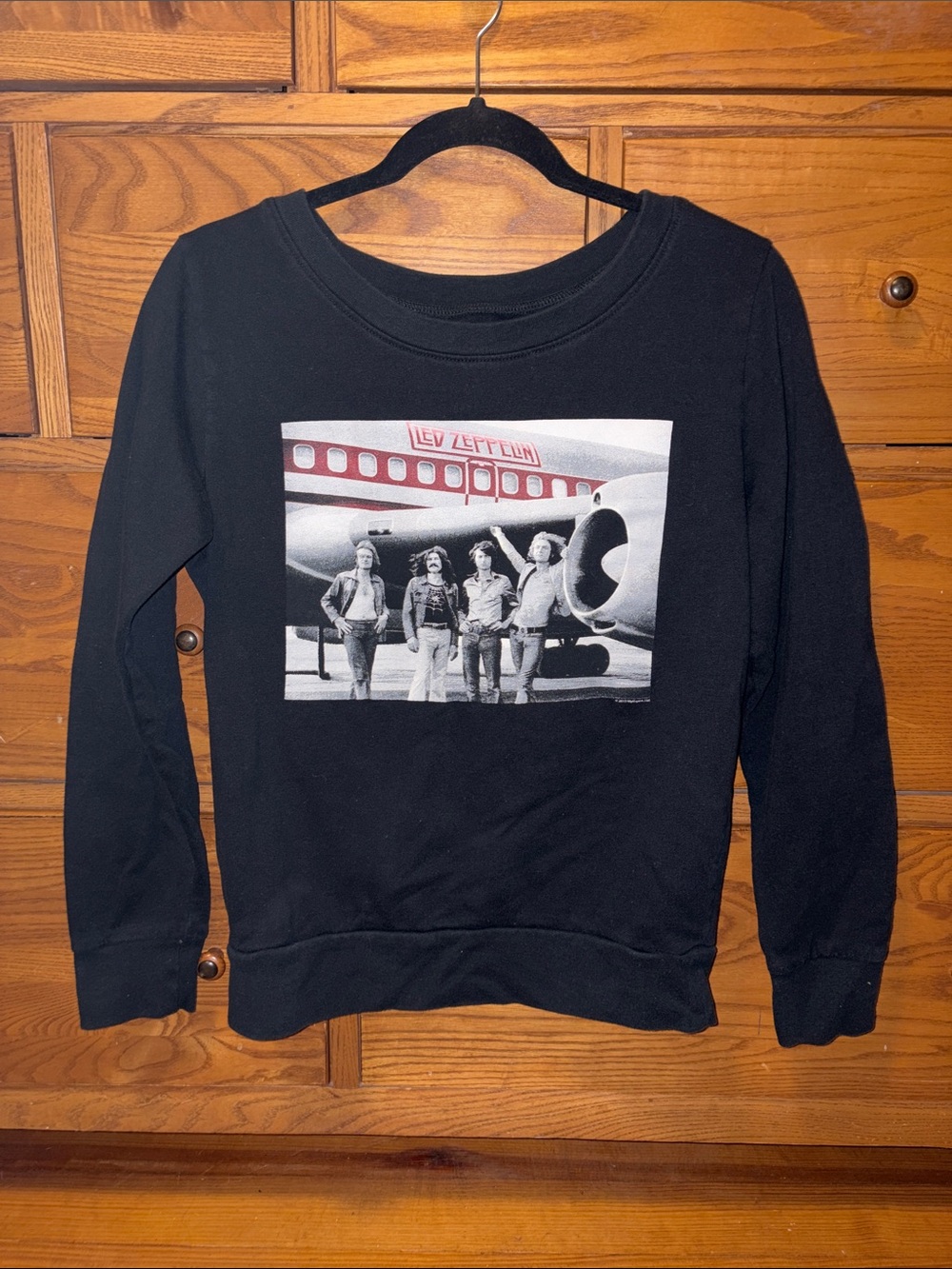 Black Graphic Crewneck Sweater with Plane Photo